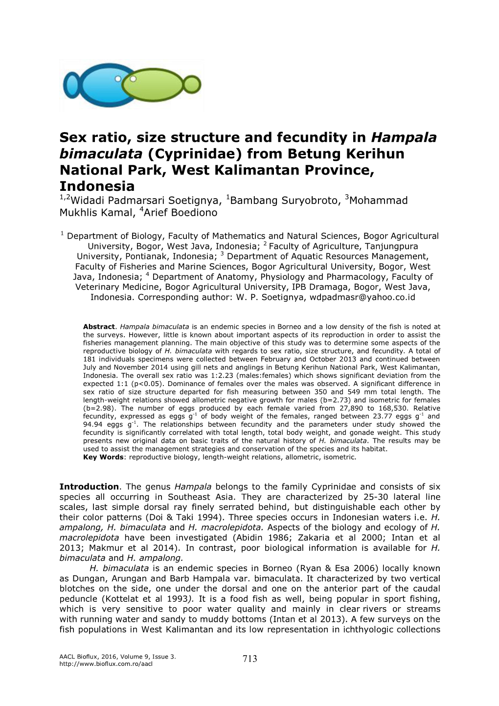 Sex Ratio, Size Structure and Fecundity in Hampala Bimaculata (Cyprinidae