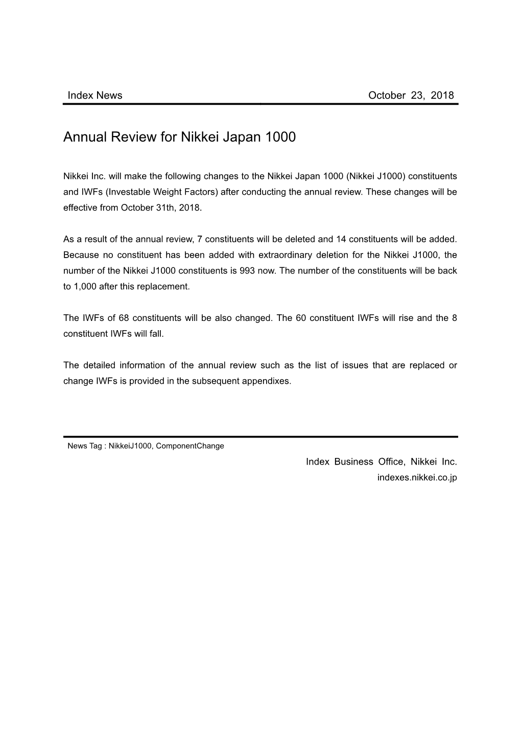 Annual Review for Nikkei Japan 1000