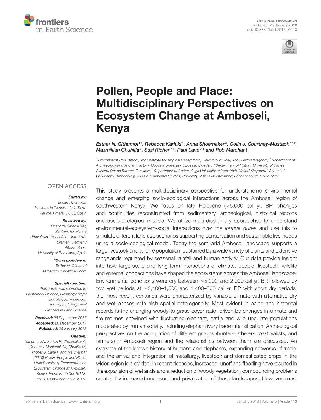 Pollen, People and Place: Multidisciplinary Perspectives on Ecosystem Change at Amboseli, Kenya