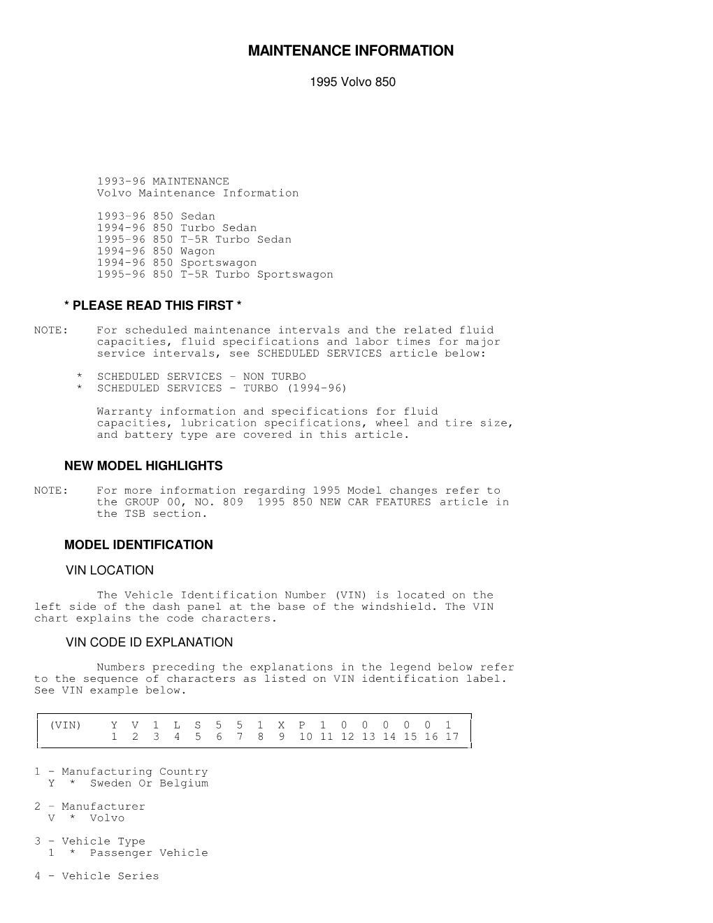 Volvo 850 Maintenance Information