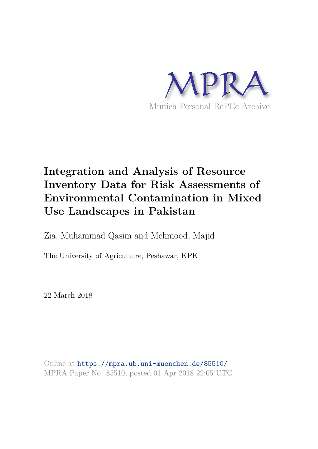 Integration and Analysis of Resource Inventory Data for Risk Assessments of Environmental Contamination in Mixed Use Landscapes in Pakistan