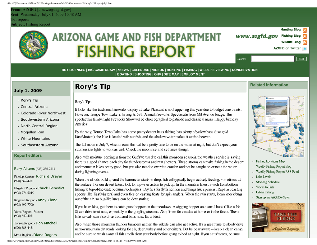 Rory's Tip Related Information July 1, 2009