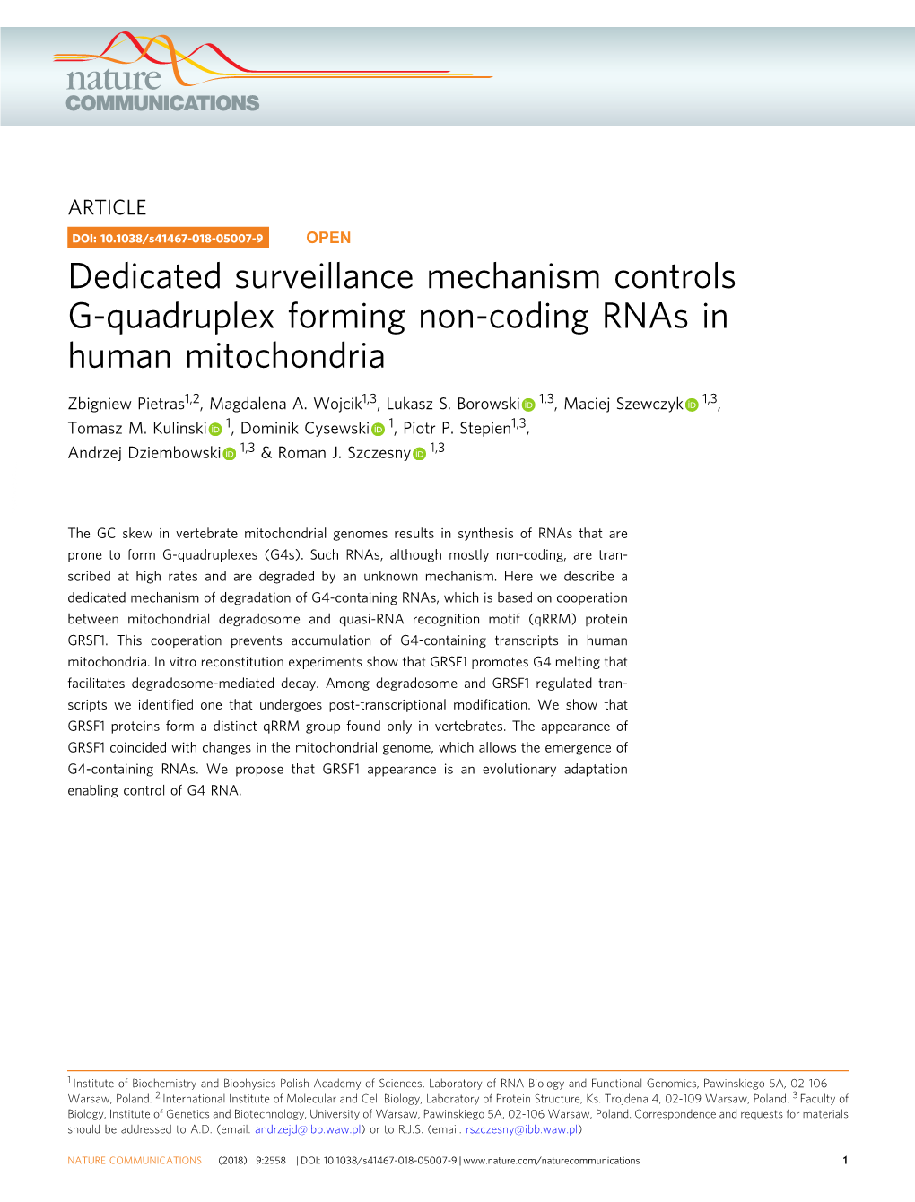 Dedicated Surveillance Mechanism Controls G-Quadruplex Forming Non-Coding Rnas in Human Mitochondria