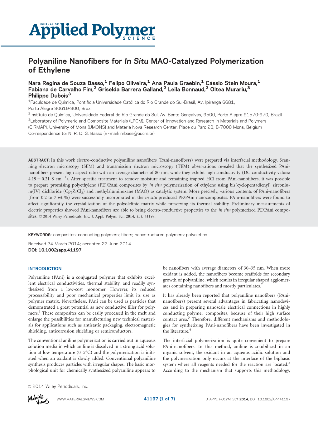 Polyaniline Nanofibers for in Situ Maocatalyzed Polymerization Of