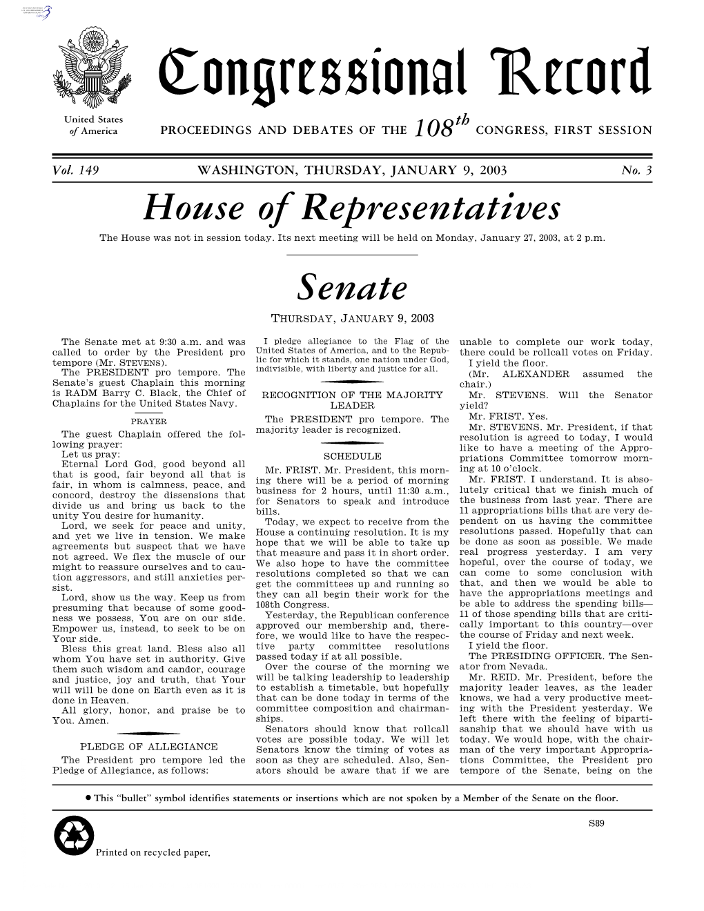 Congressional Record United States Th of America PROCEEDINGS and DEBATES of the 108 CONGRESS, FIRST SESSION