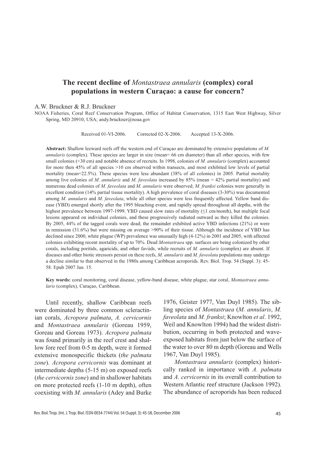 The Recent Decline of Montastraea Annularis (Complex) Coral Populations in Western Curaçao: a Cause for Concern?