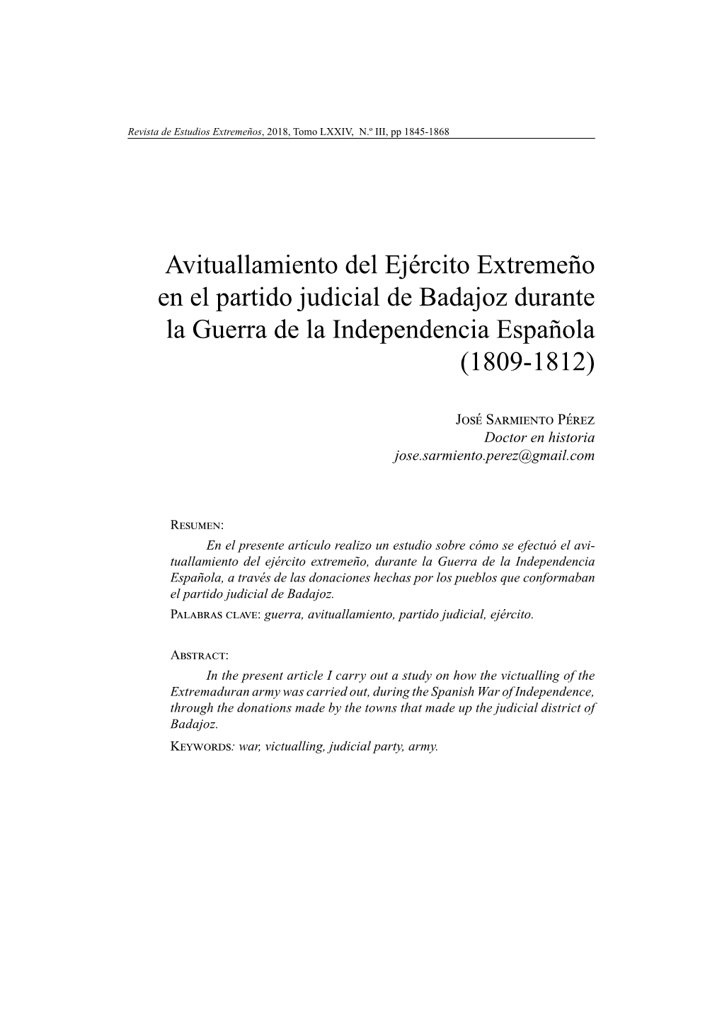 Avituallamiento Del Ejército Extremeño En El Partido Judicial De Badajoz Durante La Guerra De La Independencia Española (1809-1812)