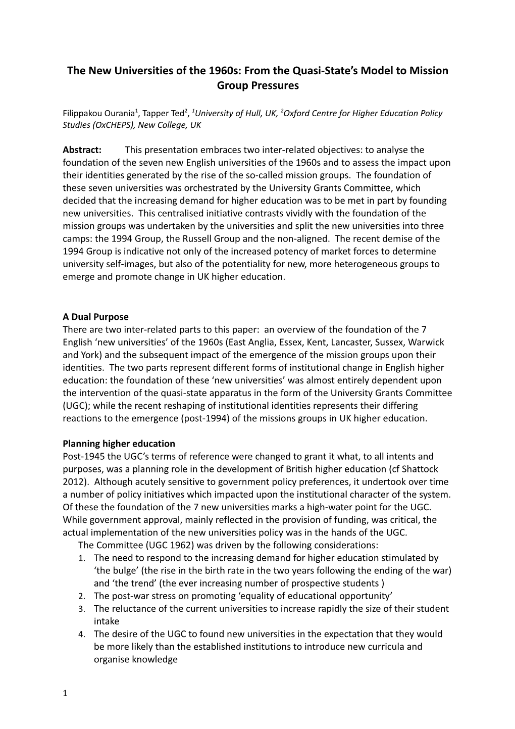 The New Universities of the 1960S: from the Quasi-State's Model To