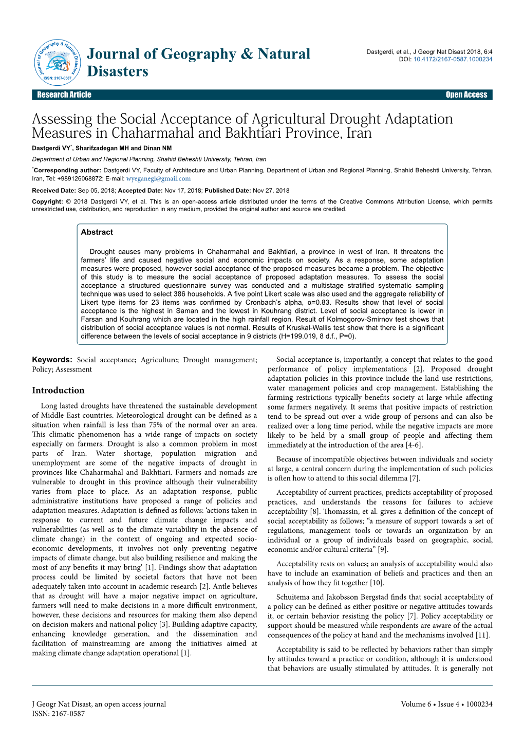 Assessing the Social Acceptance of Agricultural Drought Adaptation Measures in Chaharmahal and Bakhtiari Province, Iran