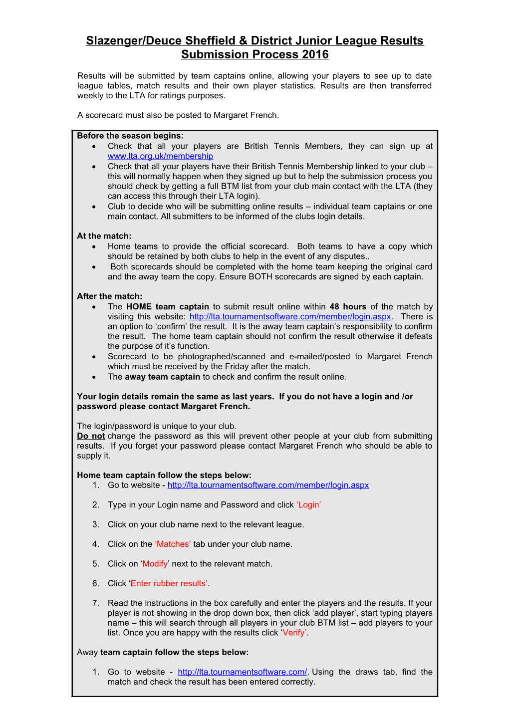 Slazenger/Deuce Sheffield & District Junior League Results Submission Process 2016