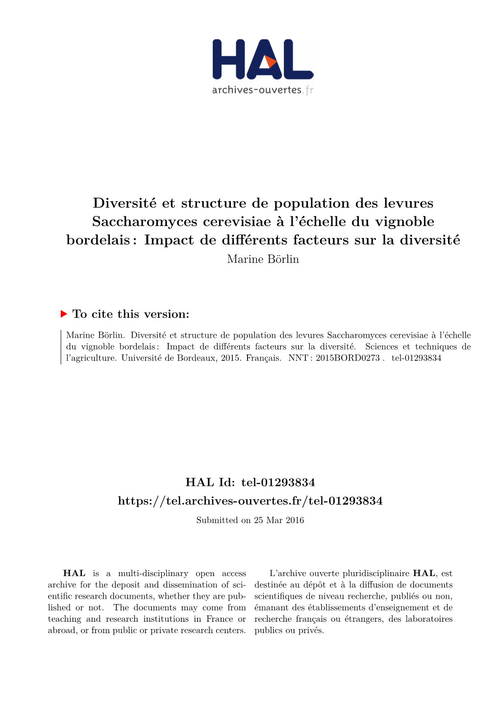 Diversité Et Structure De Population Des Levures