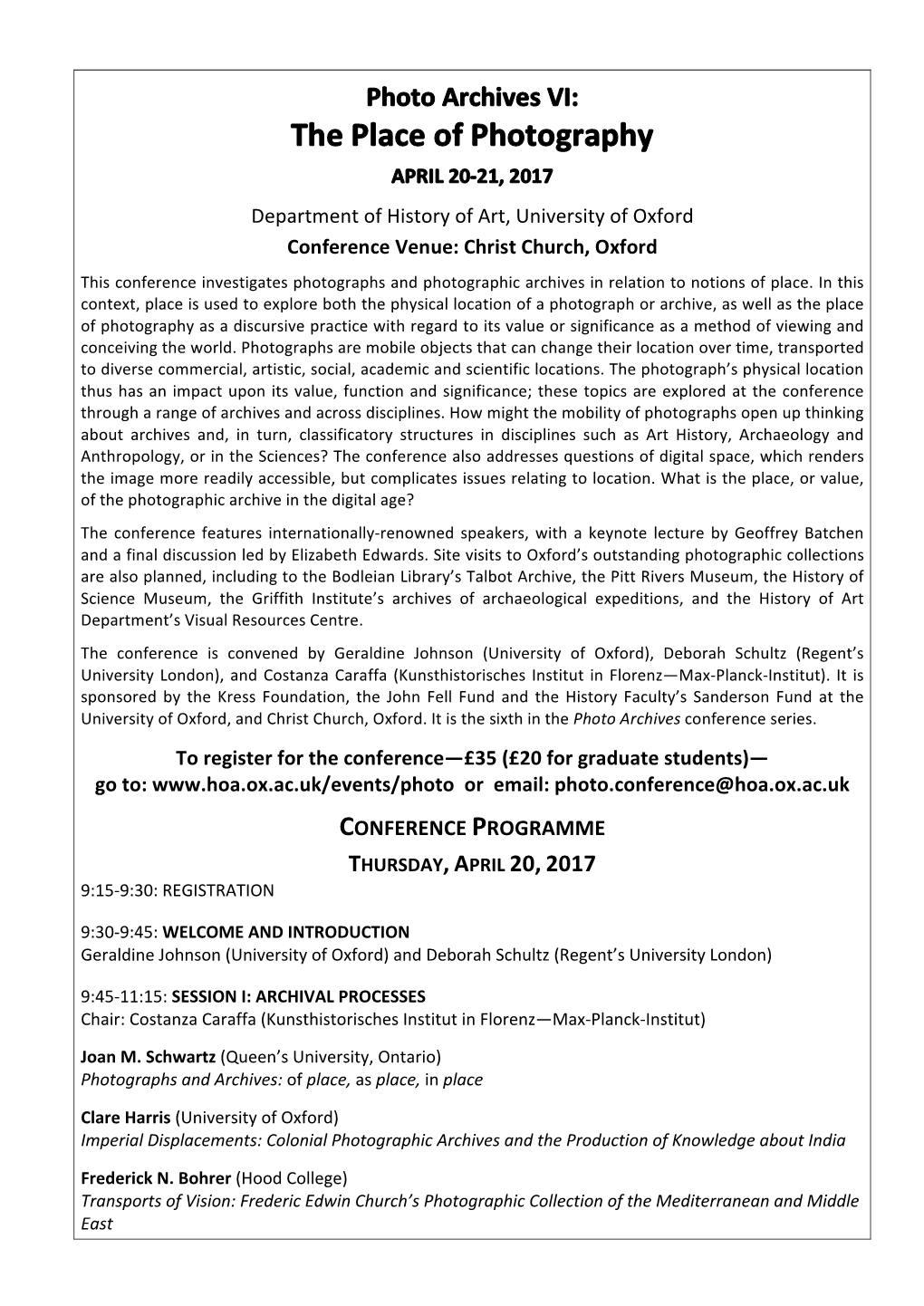 Conference Programme Thursday, April 20, 2017 9:15-9:30: Registration