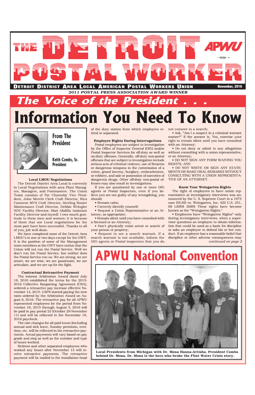 POSTAL WORKER Detroit District Area Local American Postal Workers Union November, 2016 2011 POSTAL PRESS ASSOCIATION AWARD WINNER the Voice of the President