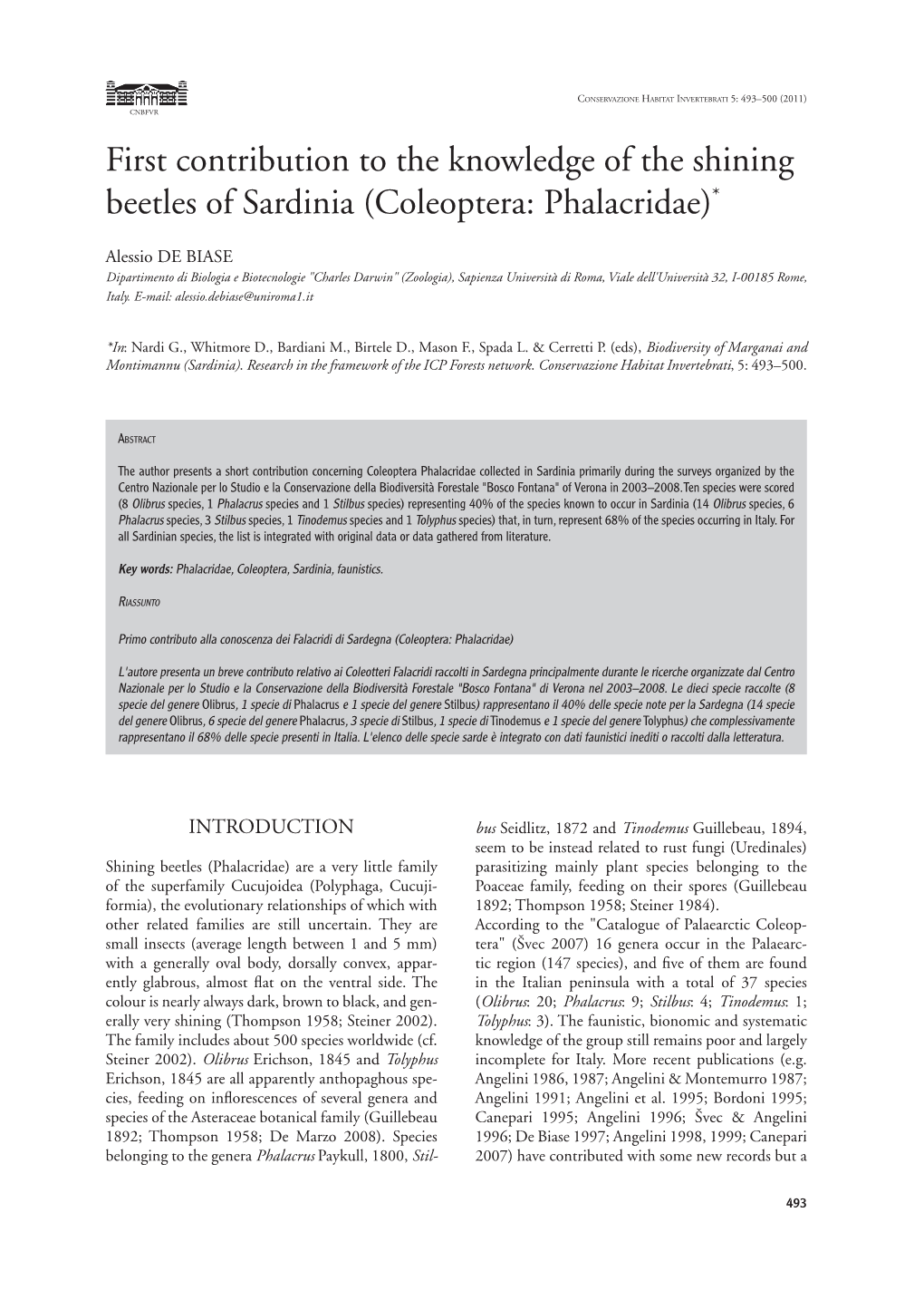 First Contribution to the Knowledge of the Shining Beetles of Sardinia ( Coleoptera: Phalacridae)*