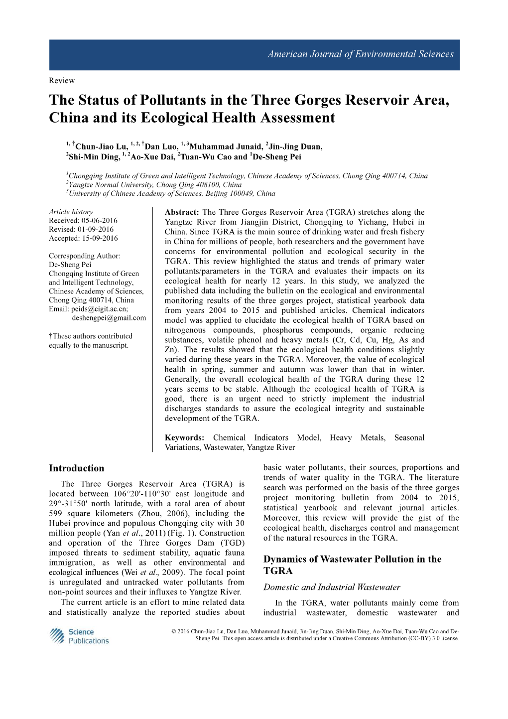 The Status of Pollutants in the Three Gorges Reservoir Area, China and Its Ecological Health Assessment