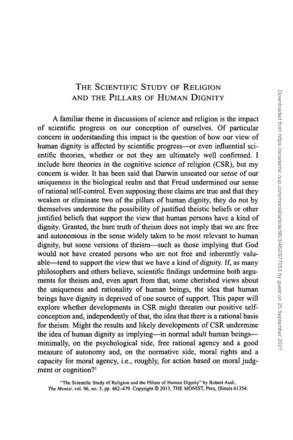 The Scientific Study of Religion and the Pillars of Human Dignity" by Robert Audi, the Monist, Vol