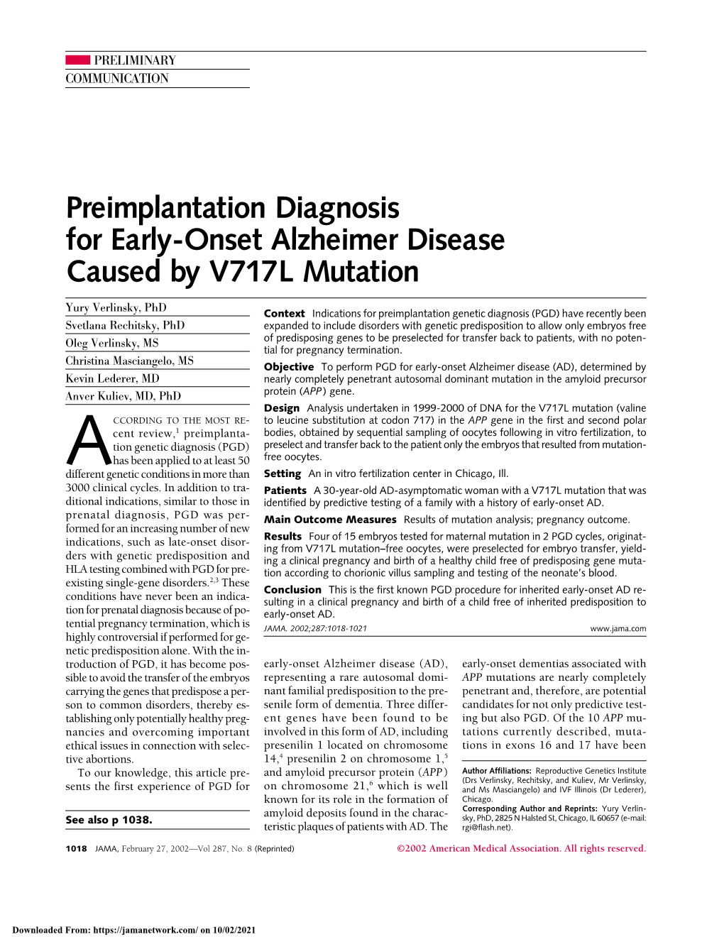 Preimplantation Diagnosis for Early-Onset Alzheimer Disease Caused by V717L Mutation