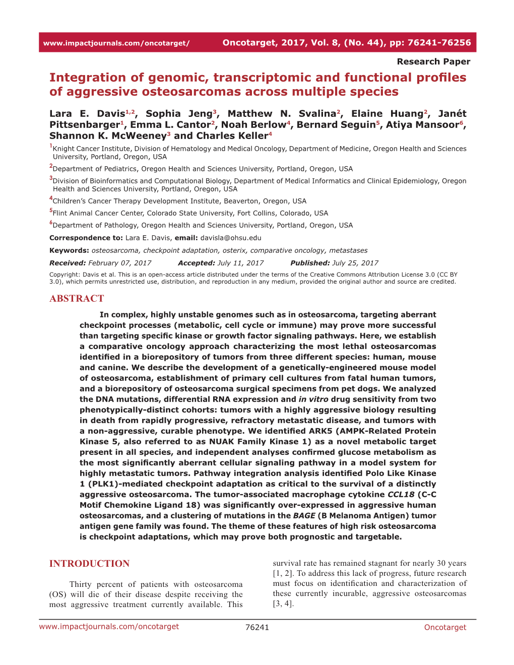 Integration of Genomic, Transcriptomic and Functional Profiles of Aggressive Osteosarcomas Across Multiple Species