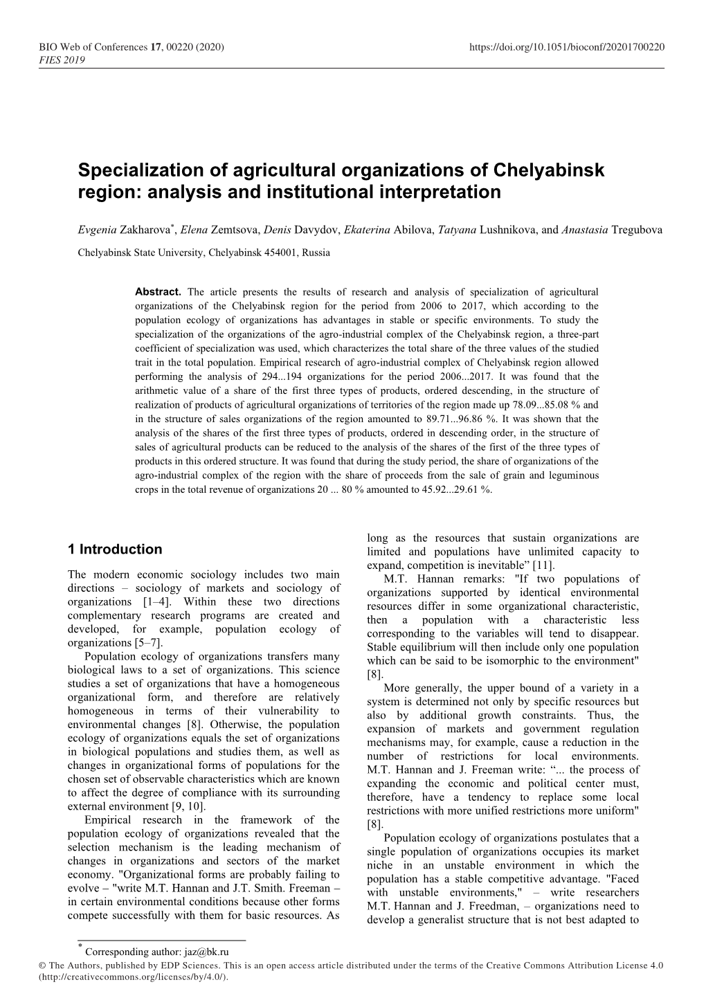 Specialization of Agricultural Organizations of Chelyabinsk Region: Analysis and Institutional Interpretation