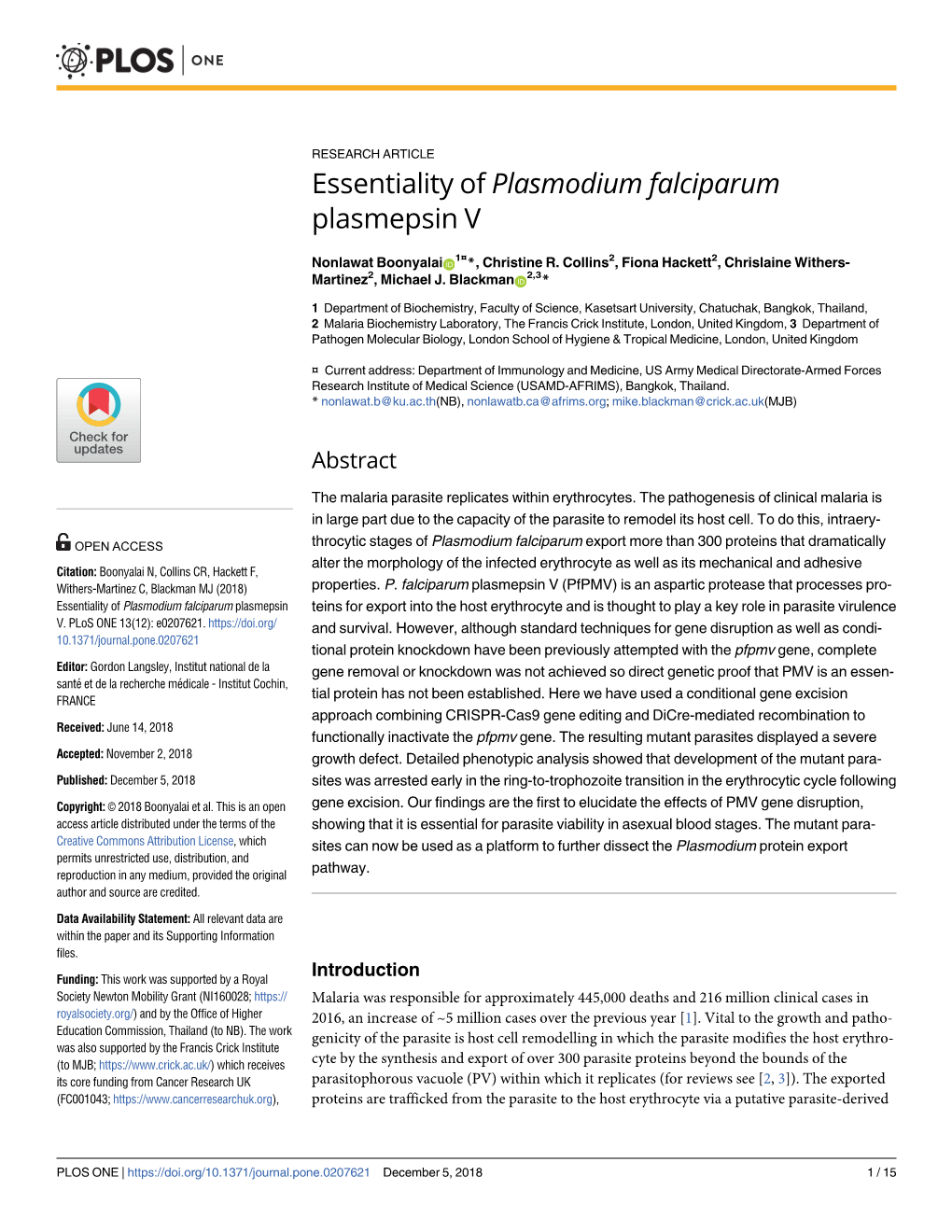 Essentiality of Plasmodium Falciparum Plasmepsin V