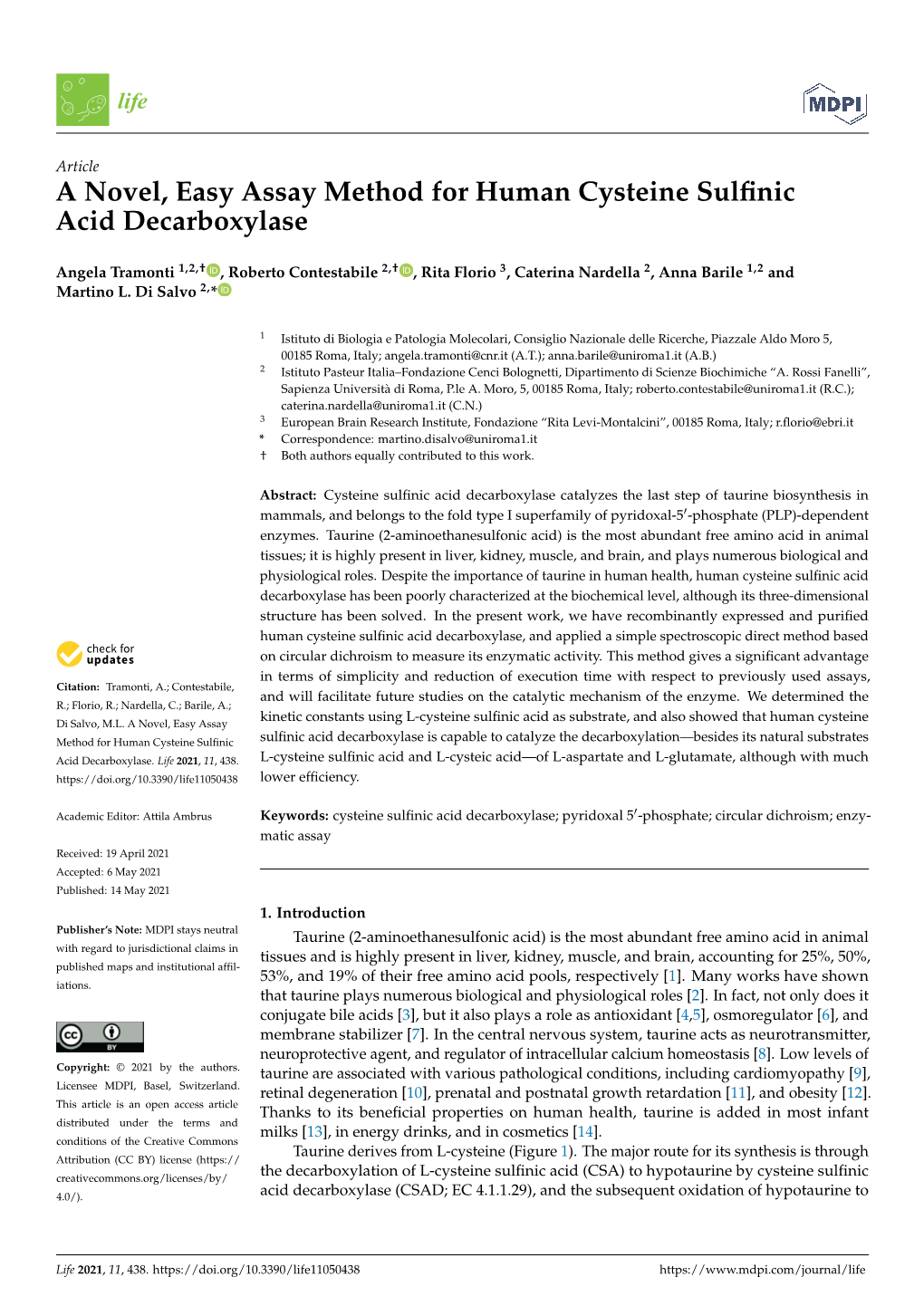 A Novel, Easy Assay Method for Human Cysteine Sulfinic Acid Decarboxylase