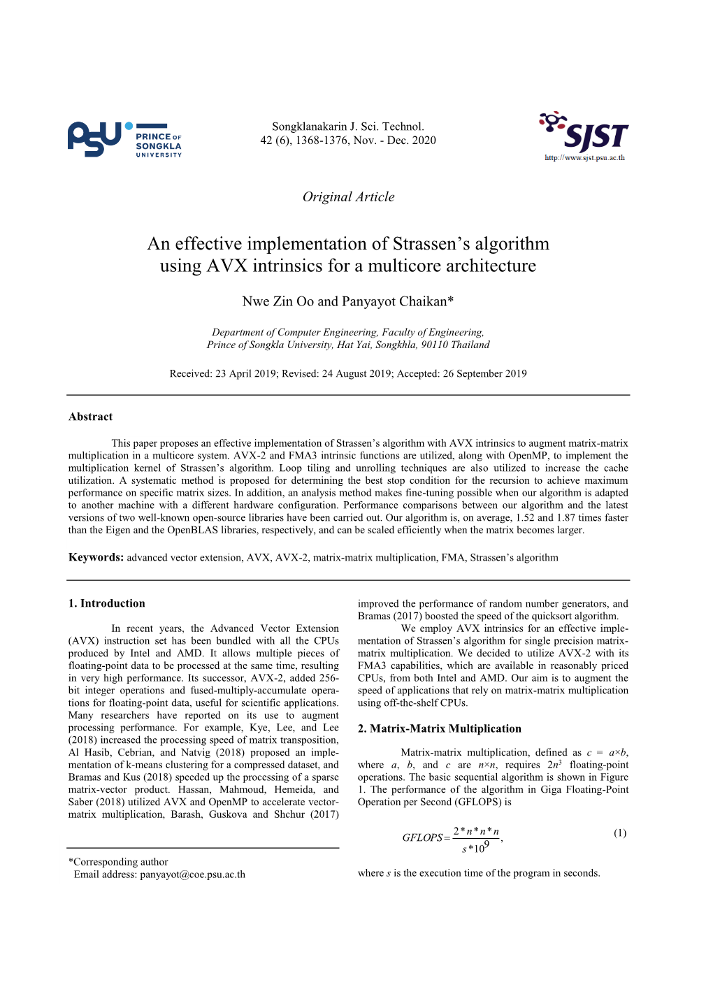 An Effective Implementation of Strassen's Algorithm Using AVX