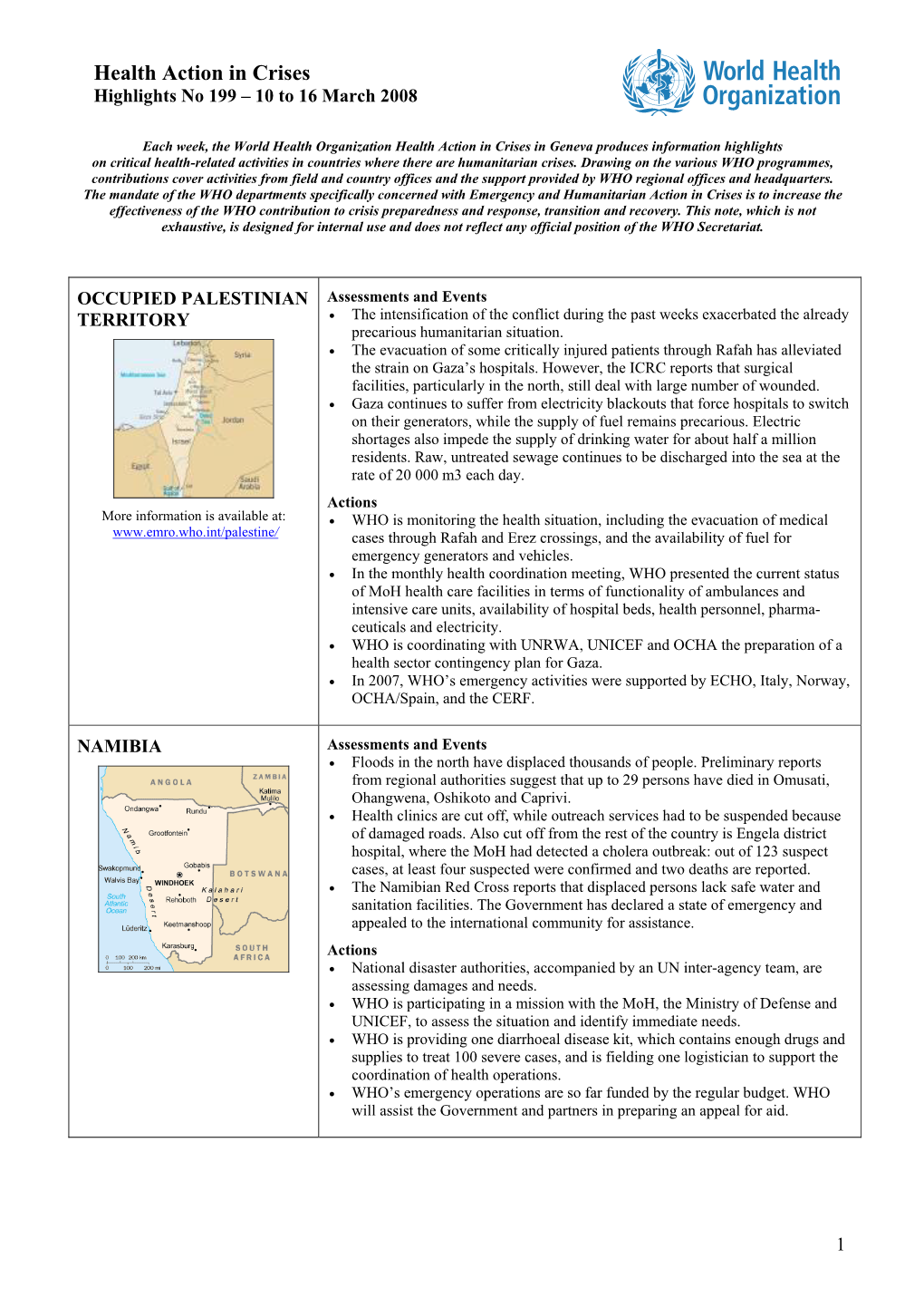 Health Action in Crises Highlights No 199 – 10 to 16 March 2008