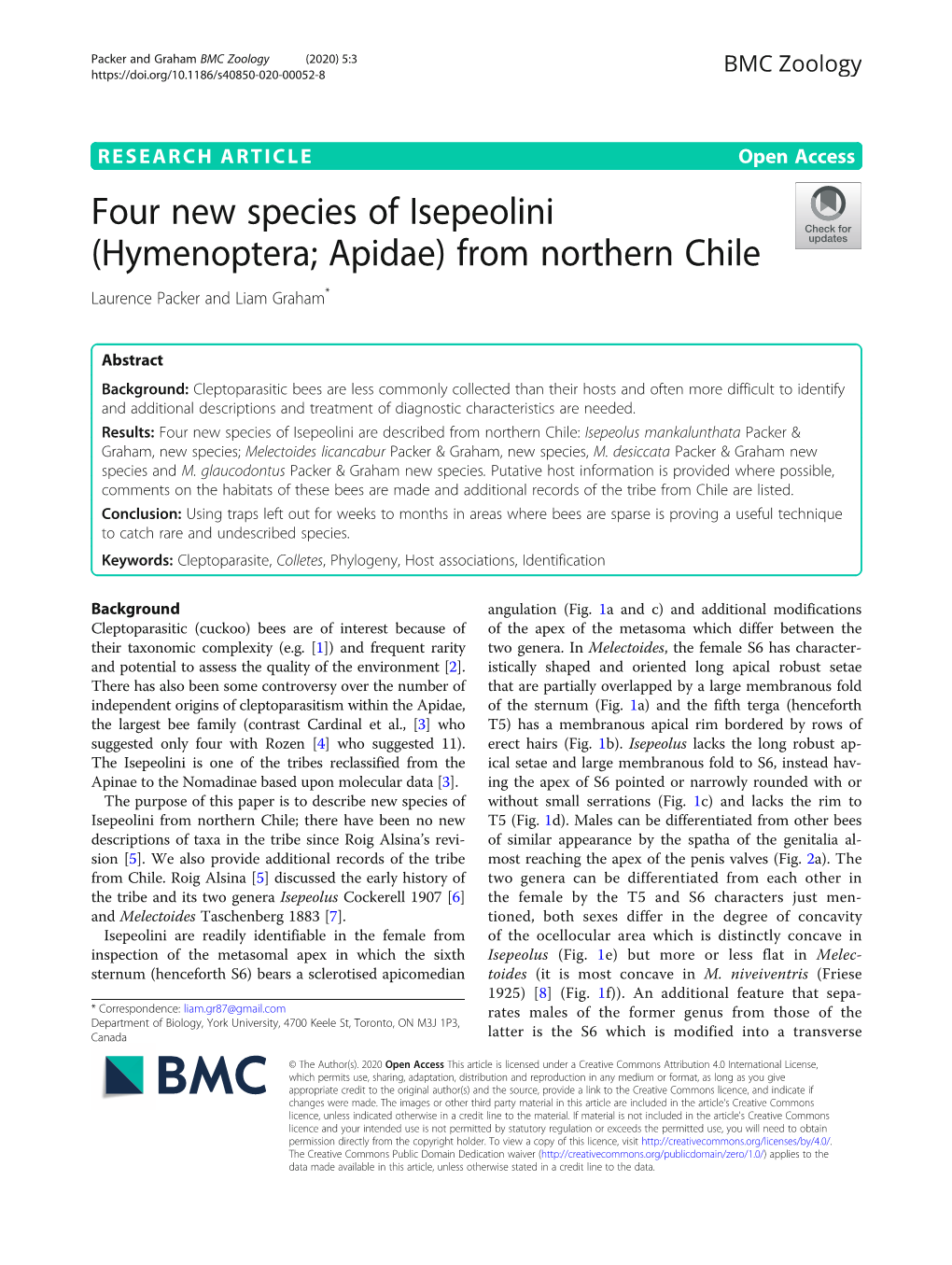 Four New Species of Isepeolini (Hymenoptera; Apidae) from Northern Chile Laurence Packer and Liam Graham*