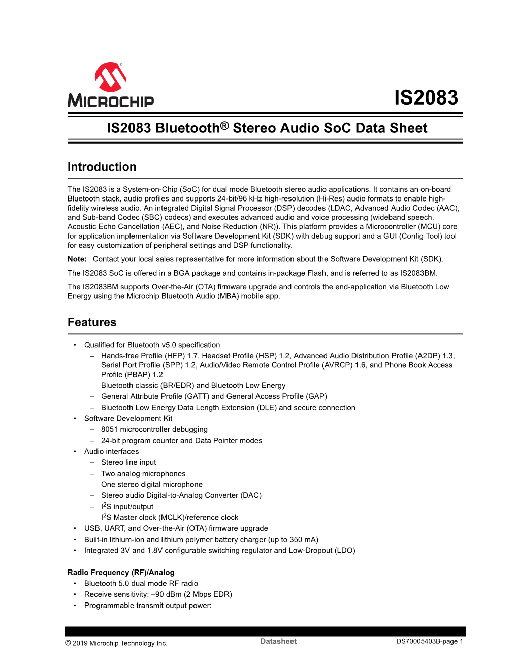 IS2083 Bluetooth Stereo Audio Soc Data Sheet