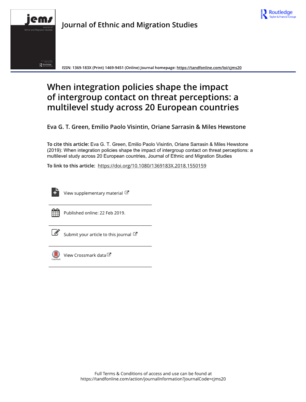 When Integration Policies Shape the Impact of Intergroup Contact on Threat Perceptions: a Multilevel Study Across 20 European Countries