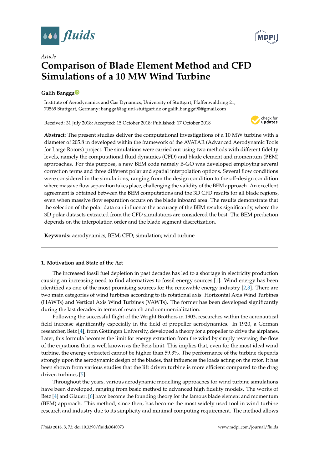 Comparison of Blade Element Method and CFD Simulations of a 10 MW Wind Turbine