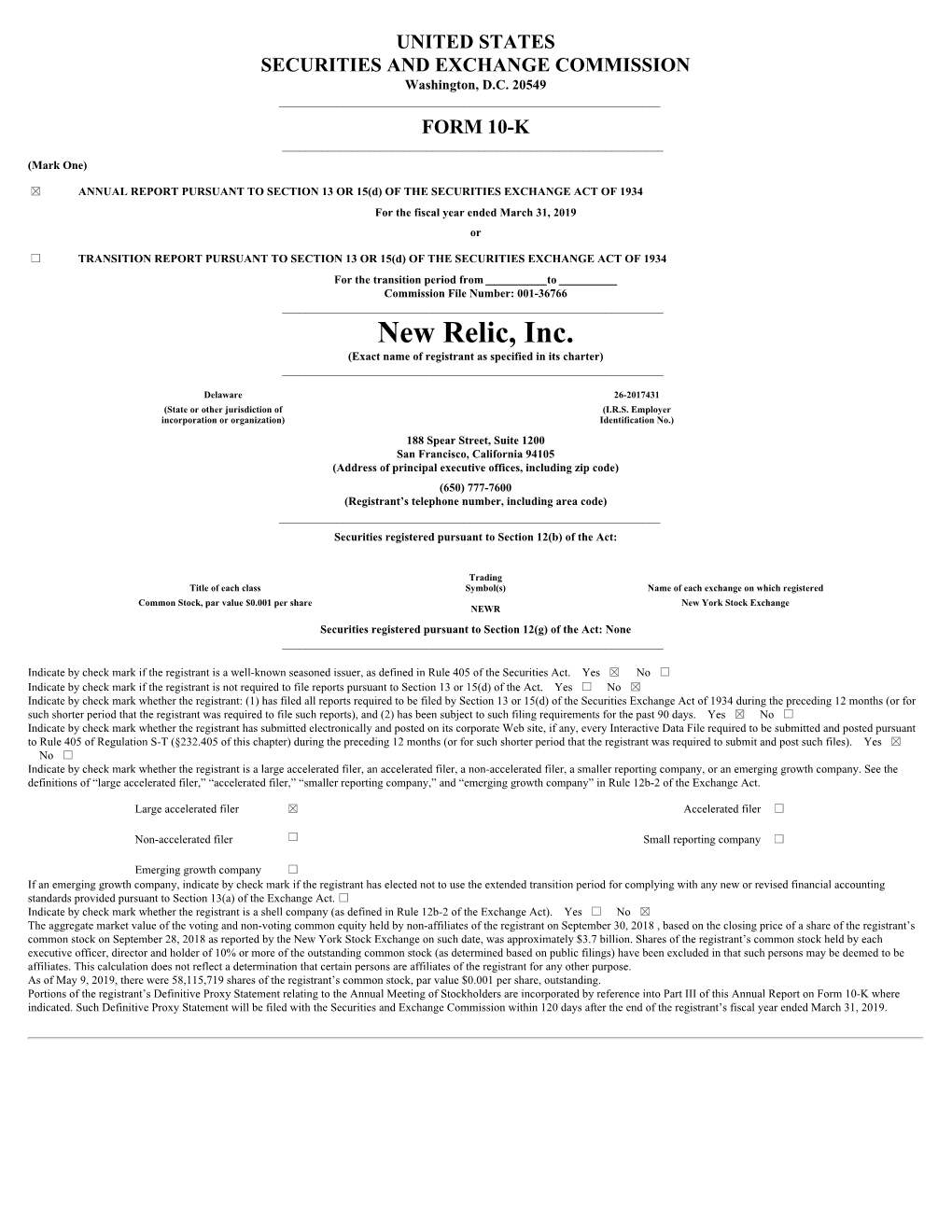New Relic, Inc. (Exact Name of Registrant As Specified in Its Charter) ______