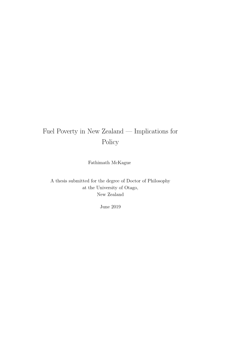 Fuel Poverty in New Zealand — Implications for Policy