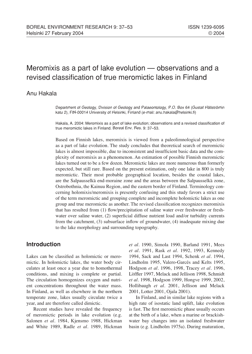 Meromixis As a Part of Lake Evolution — Observations and a Revised Classiﬁcation of True Meromictic Lakes in Finland