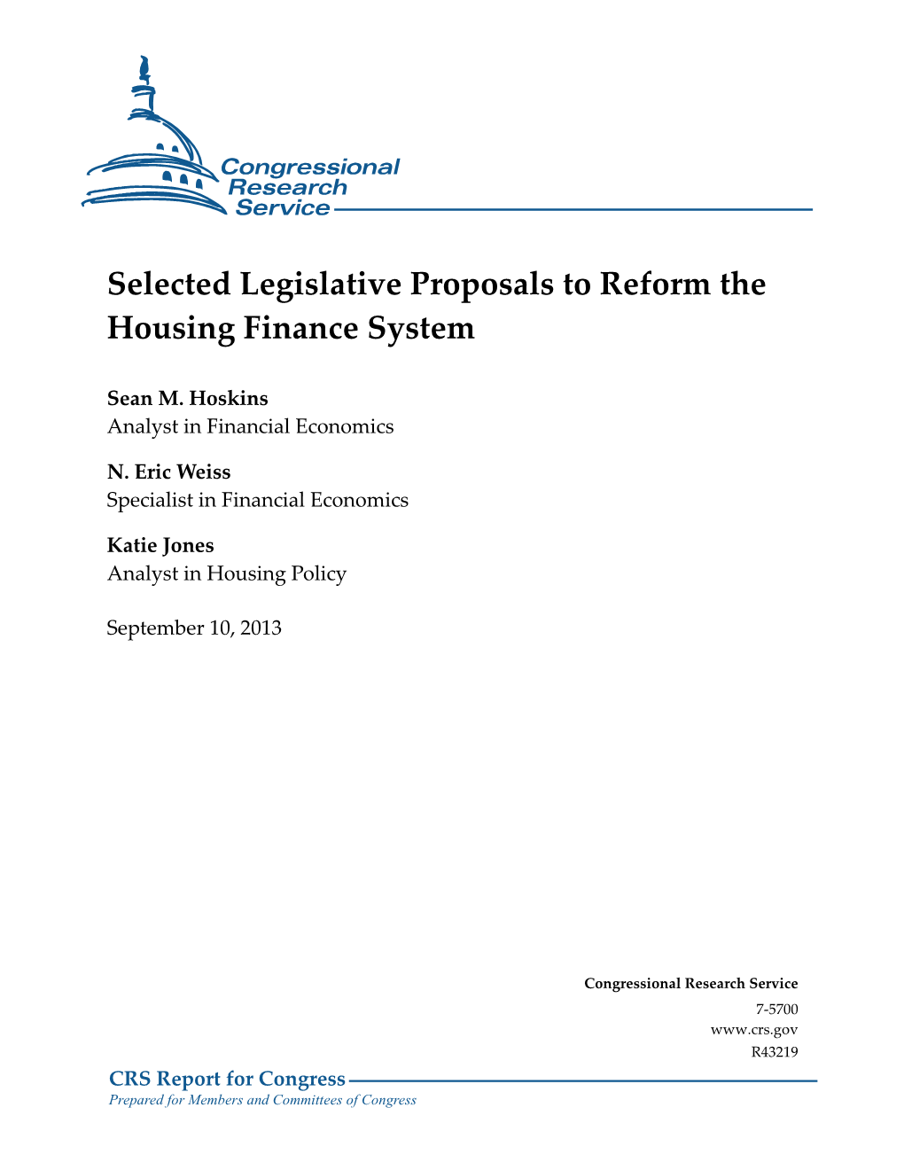 Selected Legislative Proposals to Reform the Housing Finance System