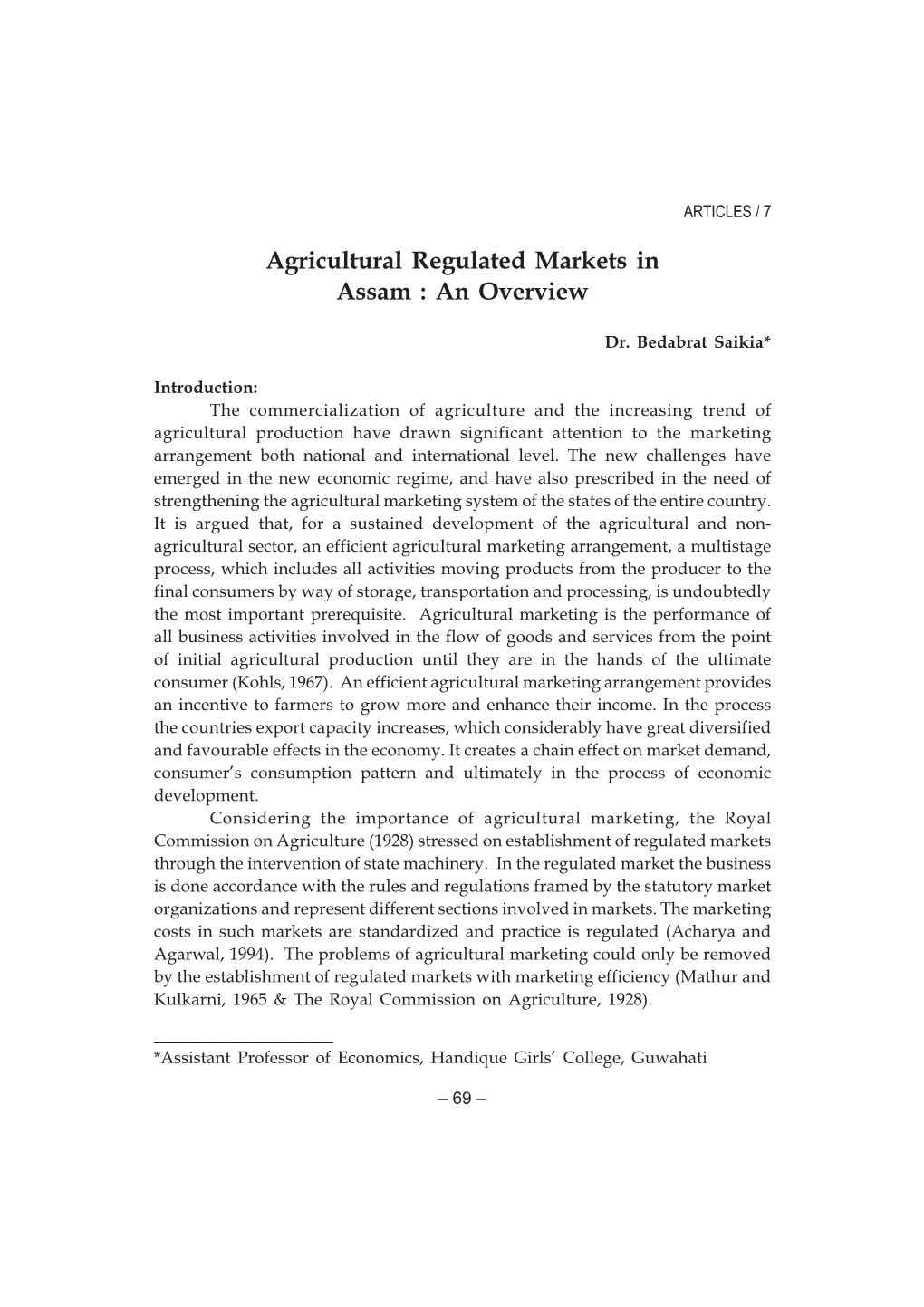 Agricultural Regulated Markets in Assam : an Overview