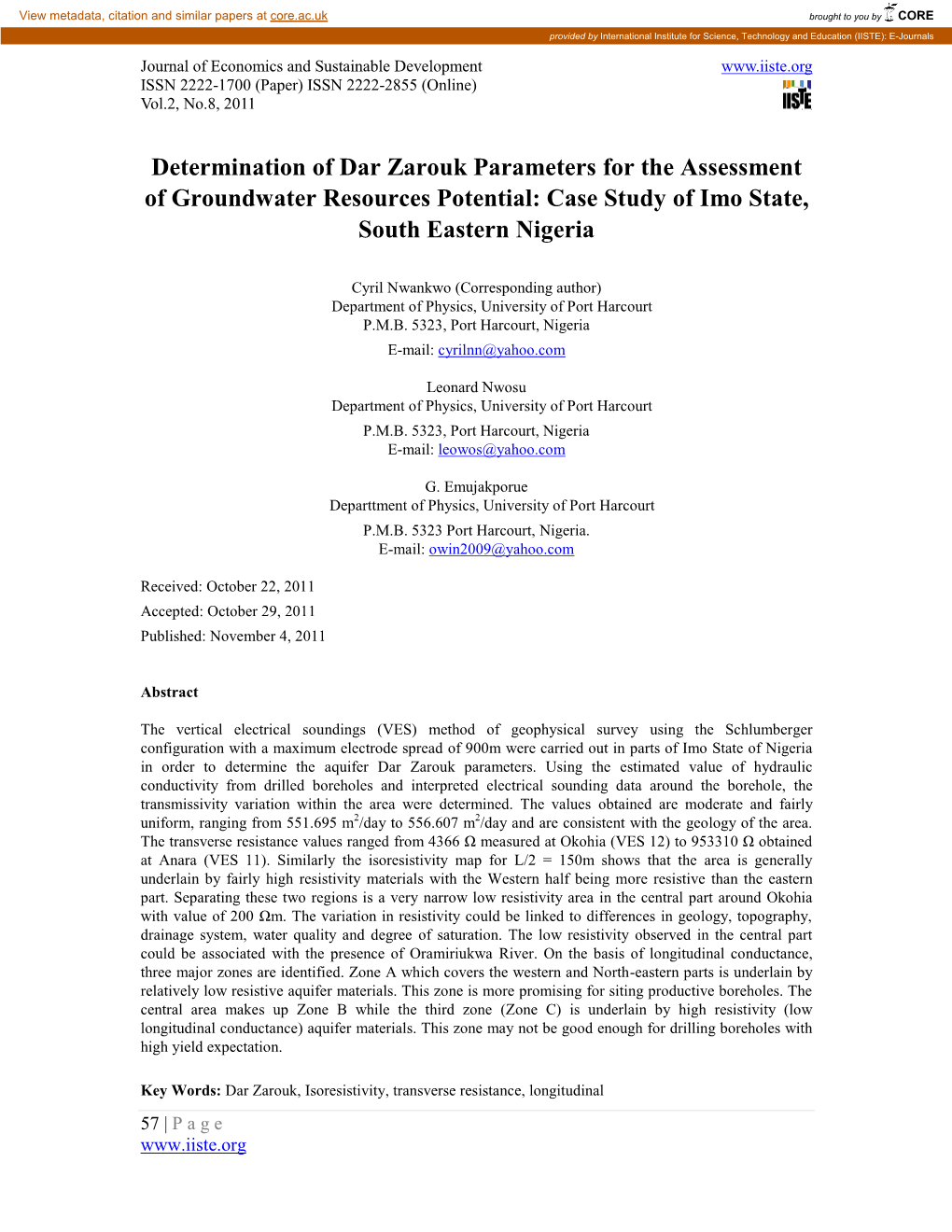 Determination of Dar Zarouk Parameters for the Assessment of Groundwater Resources Potential: Case Study of Imo State, South Eastern Nigeria