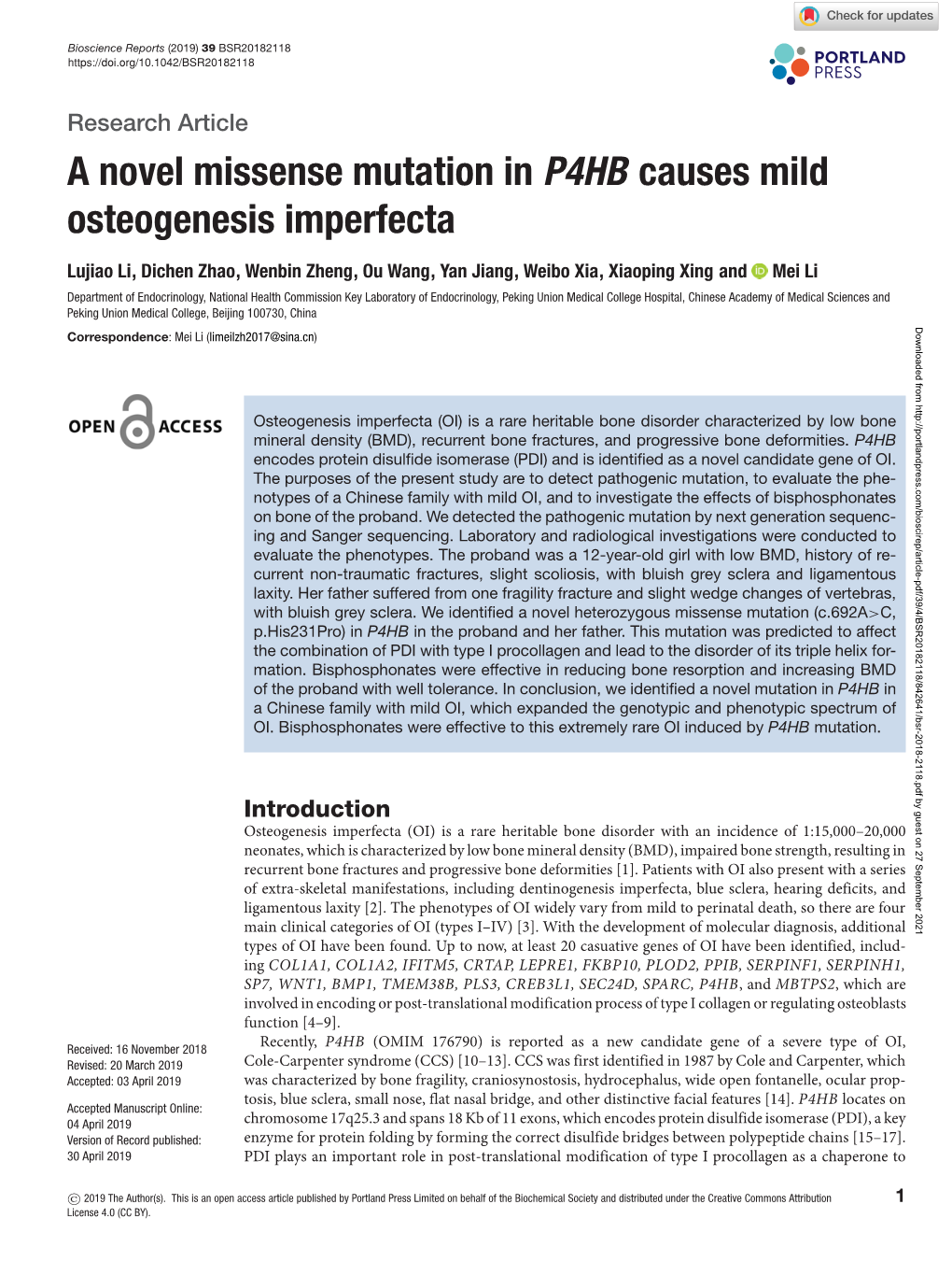 A Novel Missense Mutation in P4HB Causes Mild Osteogenesis Imperfecta