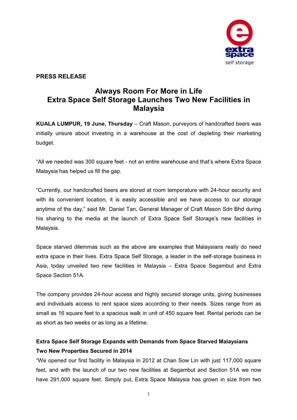 Always Room for More in Life Extra Space Self Storage Launches Two New Facilities in Malaysia