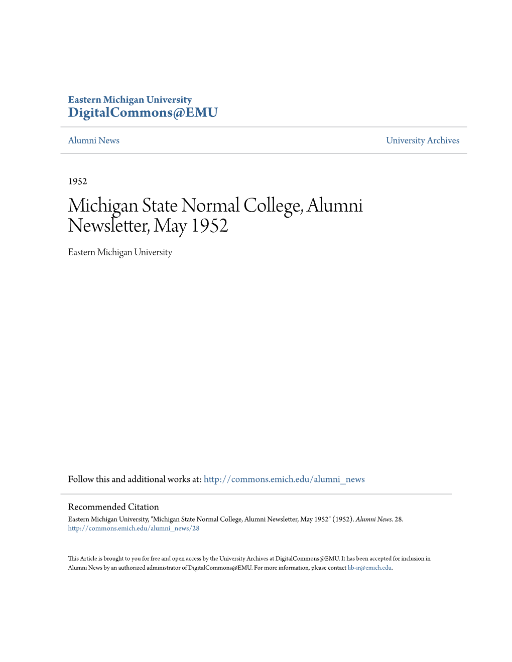 Michigan State Normal College, Alumni Newsletter, May 1952 Eastern Michigan University