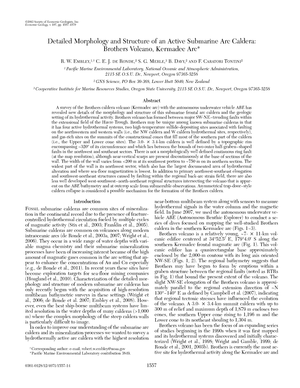 Detailed Morphology and Structure of an Active Submarine Arc Caldera: Brothers Volcano, Kermadec Arc'