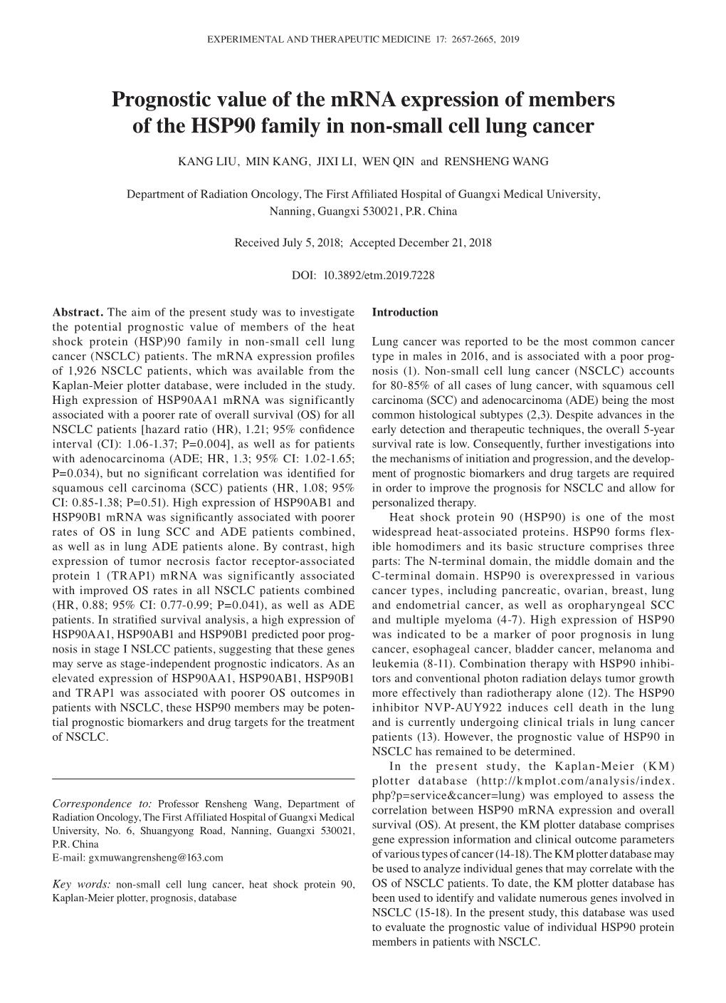 Prognostic Value of the Mrna Expression of Members of the HSP90 Family in Non‑Small Cell Lung Cancer