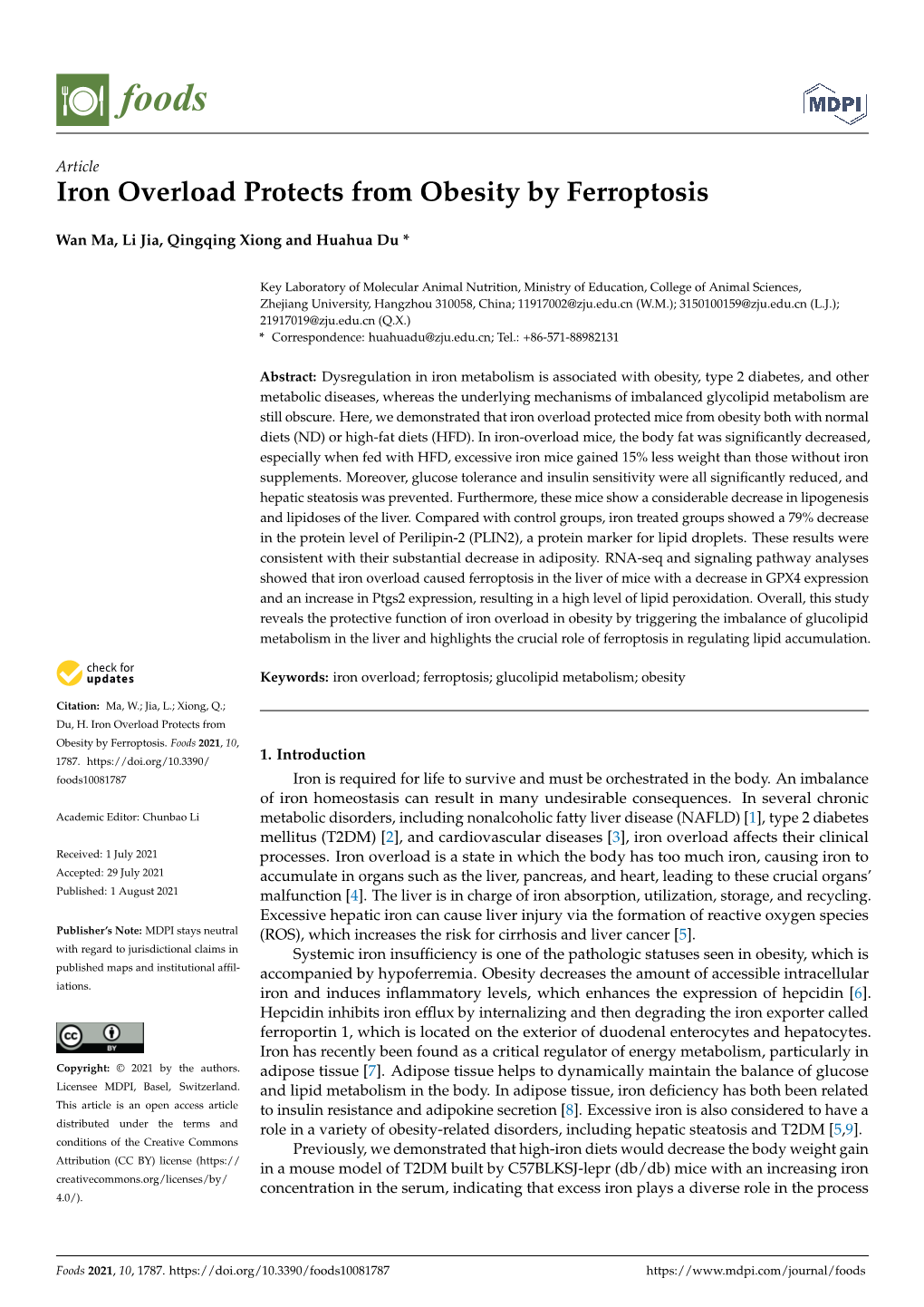 Iron Overload Protects from Obesity by Ferroptosis