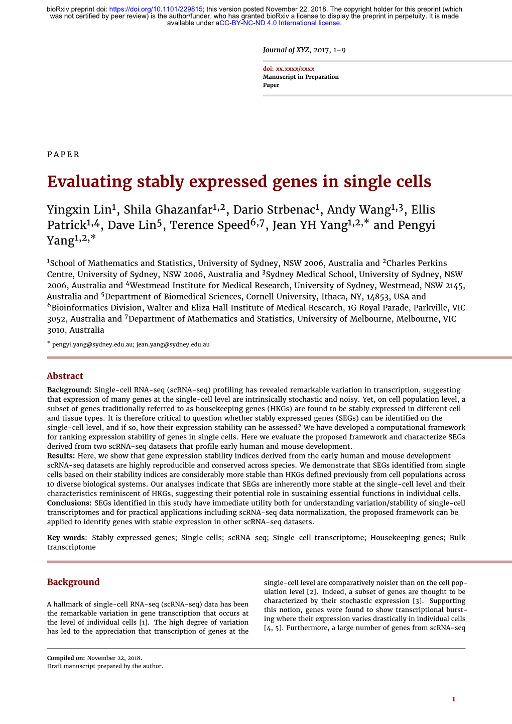 Evaluating Stably Expressed Genes in Single Cells