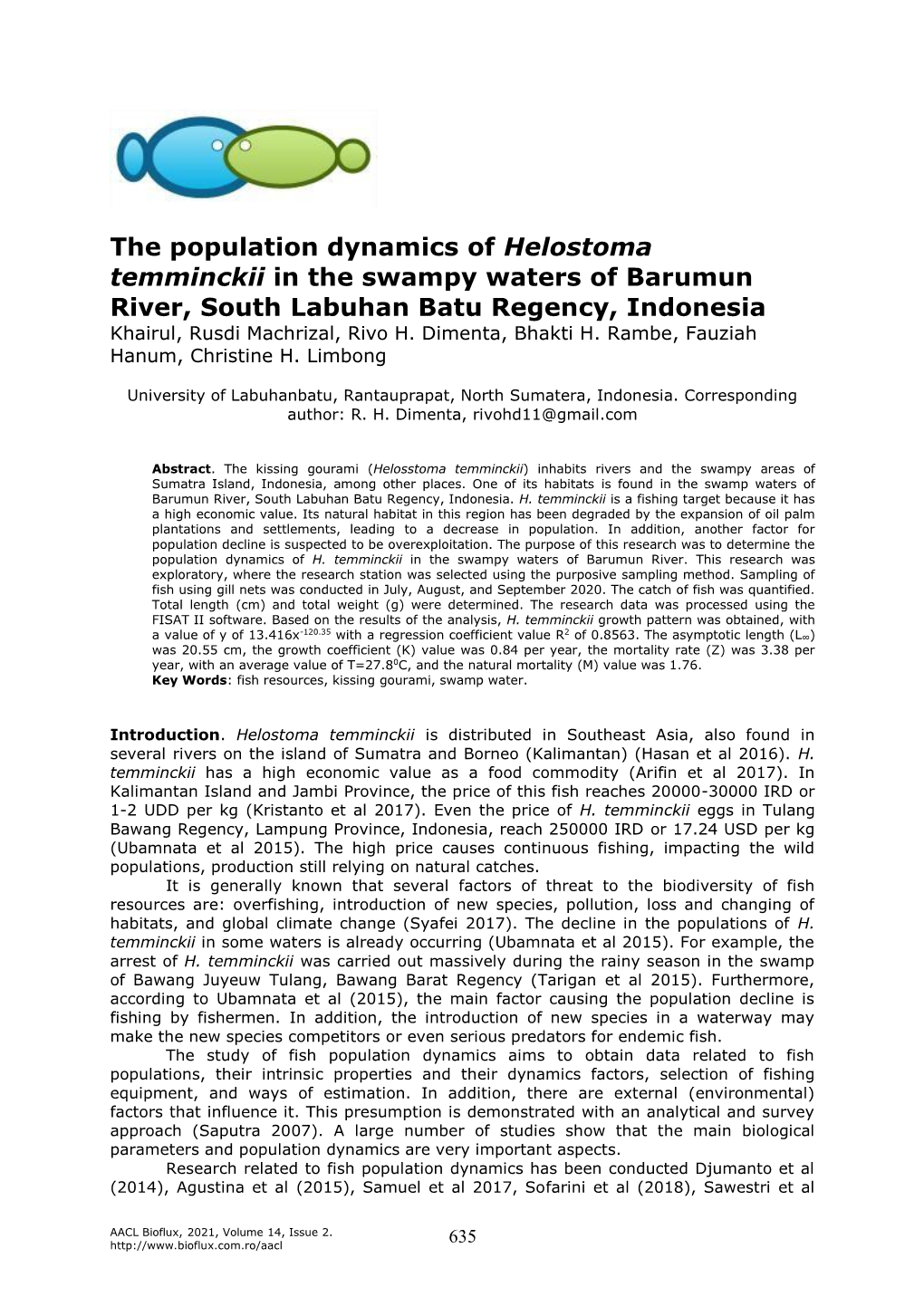 The Population Dynamics of Helostoma Temminckii in the Swampy Waters of Barumun River, South Labuhan Batu Regency, Indonesia Khairul, Rusdi Machrizal, Rivo H
