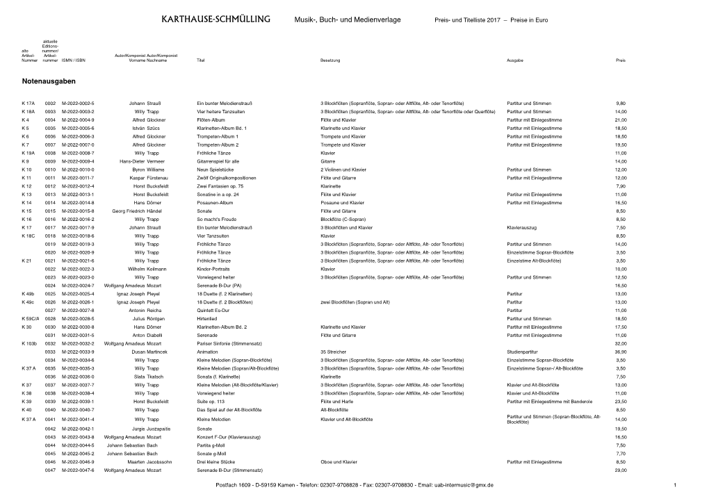 Karthause-Schmülling Preisliste 2017