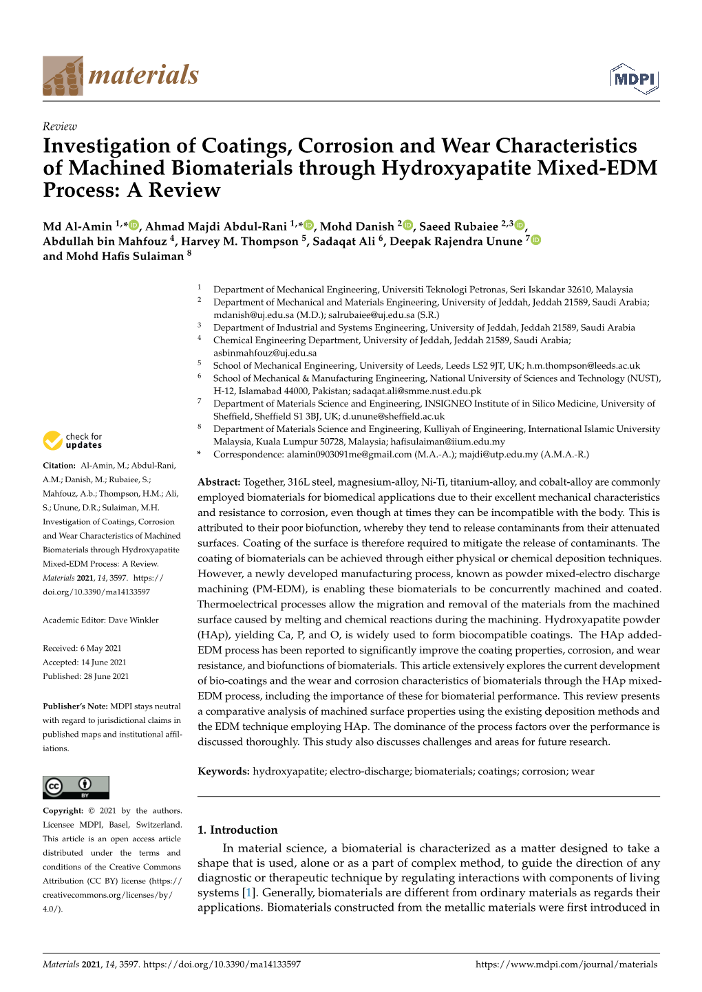 Investigation of Coatings, Corrosion and Wear Characteristics of Machined Biomaterials Through Hydroxyapatite Mixed-EDM Process: a Review