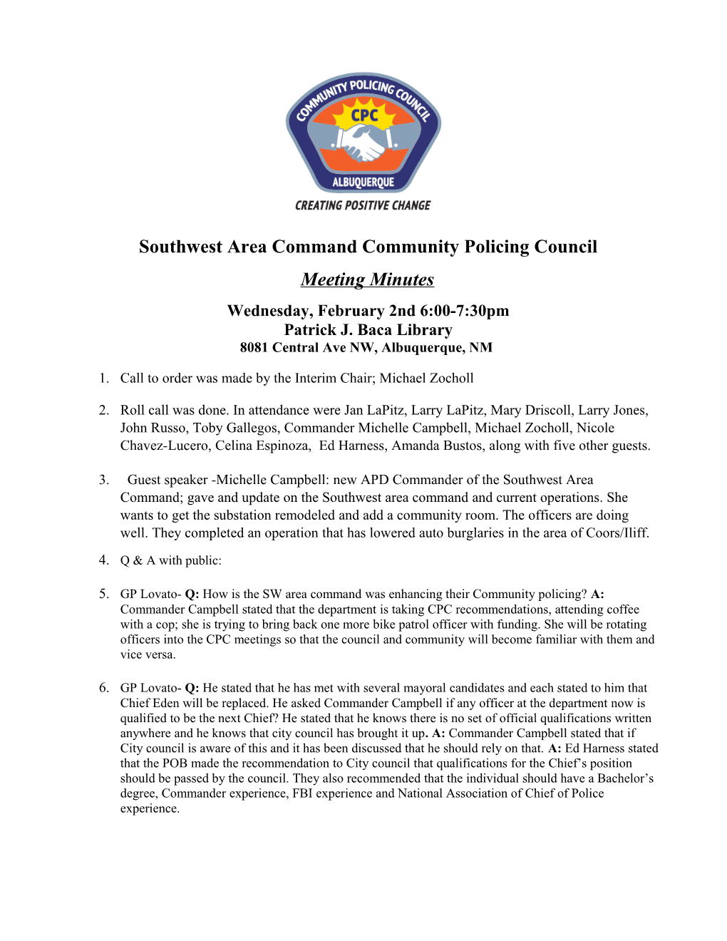 Southwest Area Command Community Policing Council