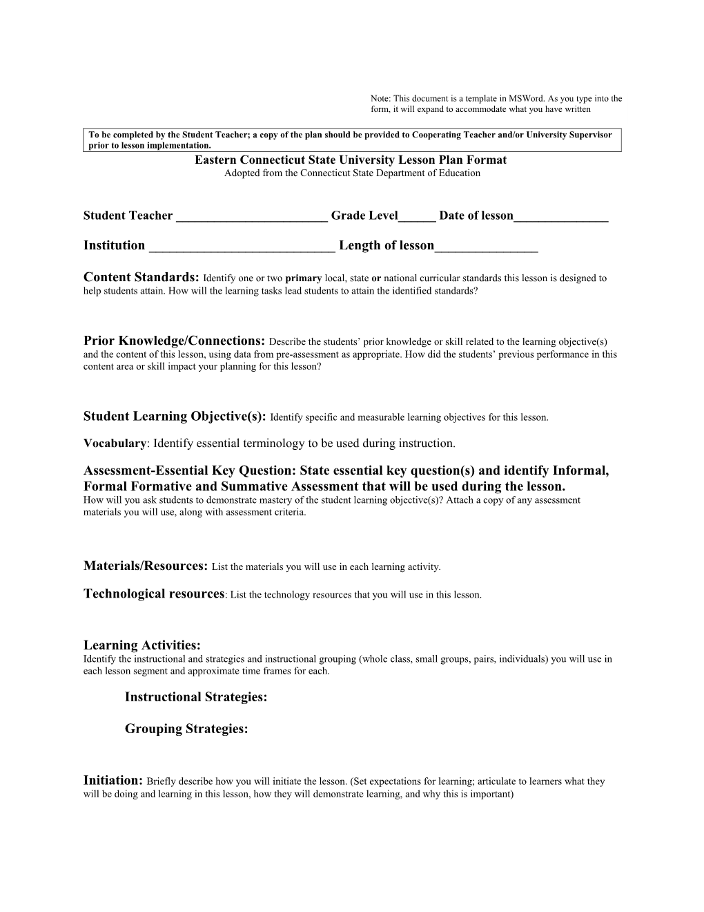 Eastern Connecticut State University Lesson Plan Format