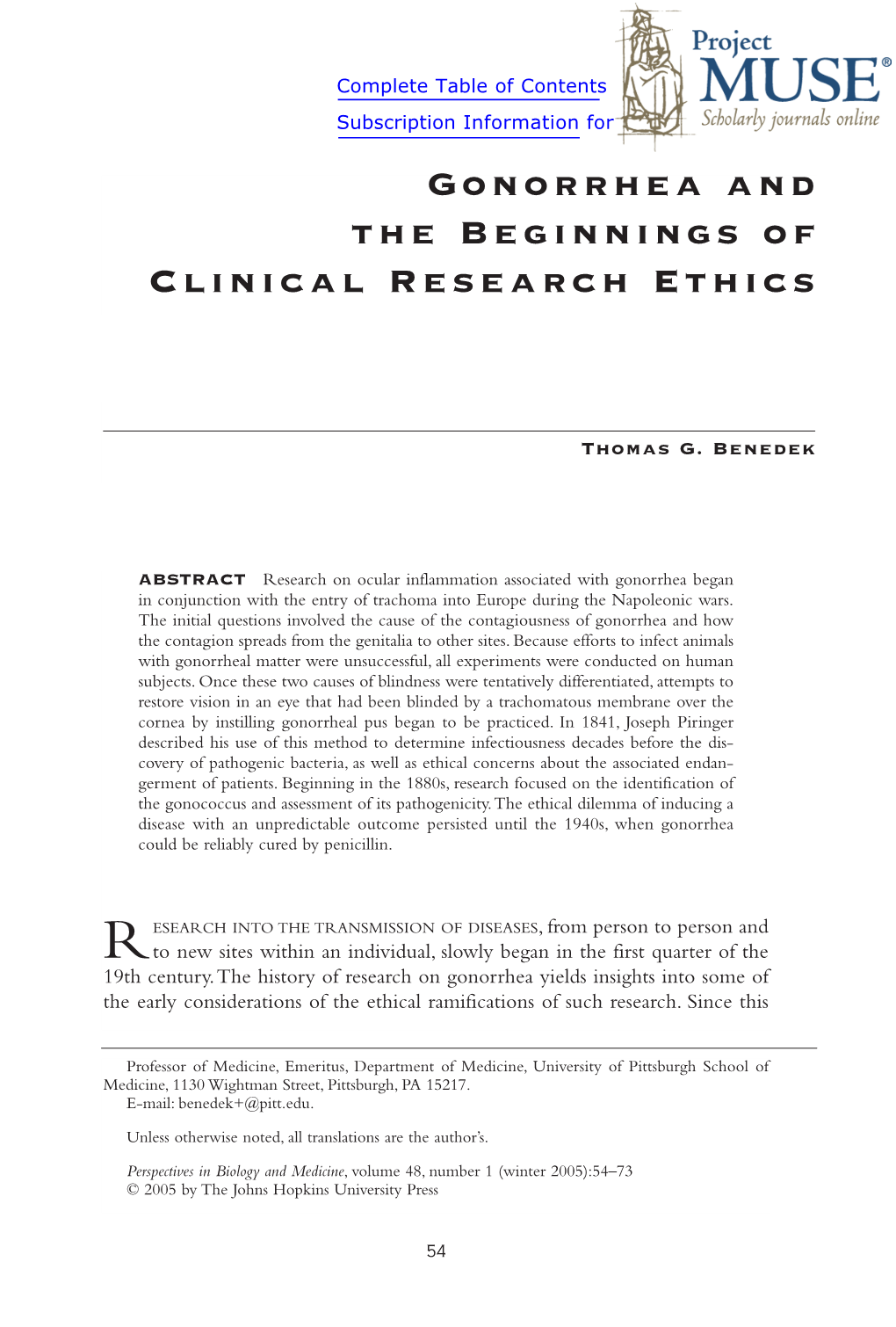 Gonorrhea and the Beginnings of Clinical Research Ethics